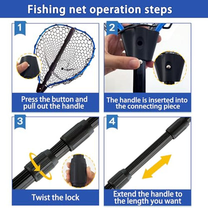 Telescoping Metal Lock Fishing Net Blue Aluminum Alloy Rubber Fish Net - Adjustable Length Lightweight Foldable Large Fishing Net with Handle Collapsible Extendable Fishing Accessories - color: Blue:3-section pole|length:63.7"