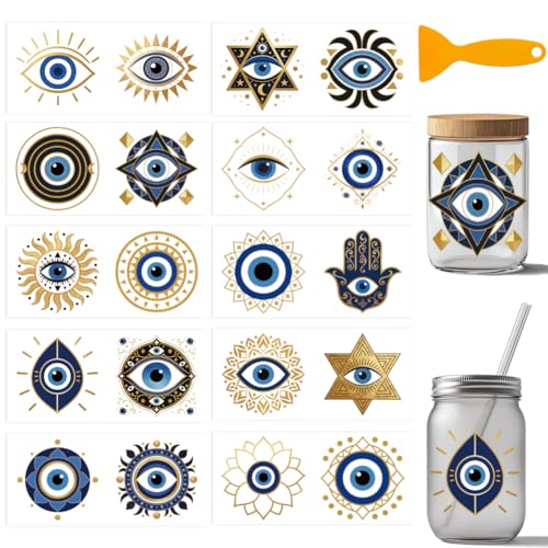 arricraft 10 Pcs Demon's Eye Theme PVC Cup Transfer Stickers, Demon's Eye Hamsa Hand Pattern UV Waterproof Cup Sticker for 16 oz Glasses Window Home Printing Decoration 24x11cm - style: Demon's Eye Theme