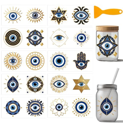 arricraft 10 Pcs Demon's Eye Theme PVC Cup Transfer Stickers, Demon's Eye Hamsa Hand Pattern UV Waterproof Cup Sticker for 16 oz Glasses Window Home Printing Decoration 24x11cm - style: Demon's Eye Theme