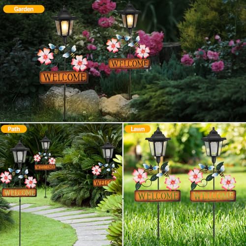 Lewondr Solar Garden Lights Bee, 37.4 Inch Solar Lamp Post Light with Welcome Sign & Bees, Outdoor Waterproof Solar Stake Lights for Yard Porch Patio Pathway Gardening Gifts, 2 Pack - style: Pink Flowers & Bees