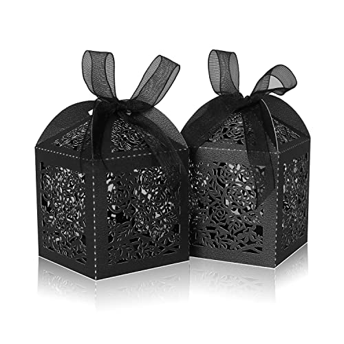 100pcs Laser Cut Favor boxes, Wedding Favors Candy Boxes with Ribbons and Tags, Small Gift Boxes for Wedding,Party,Baby Shower,Bridal Shower (100-2x2x2.76", Black) - color: Black, size: 1 Count (Pack of 100)