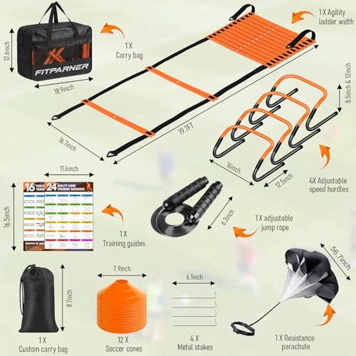 Agility Ladder, Soccer Football Training Equipment Set - 20ft Speed Ladder, 4 Hurdles,Parachute, 12 Cones & Jump Rope | Agility & Speed Training for Kids Youth Adults,Basketball & Football Accessories - color: Orange