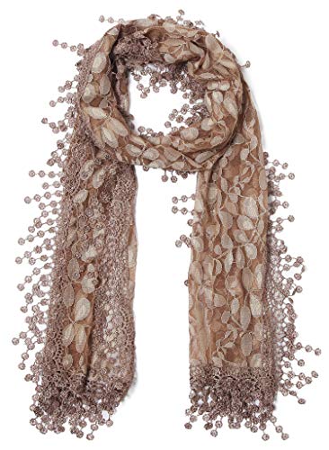 Cindy & Wendy Lightweight Soft Leaf Lace Fringe Scarf Bridal Shawl for Women - color: Brown