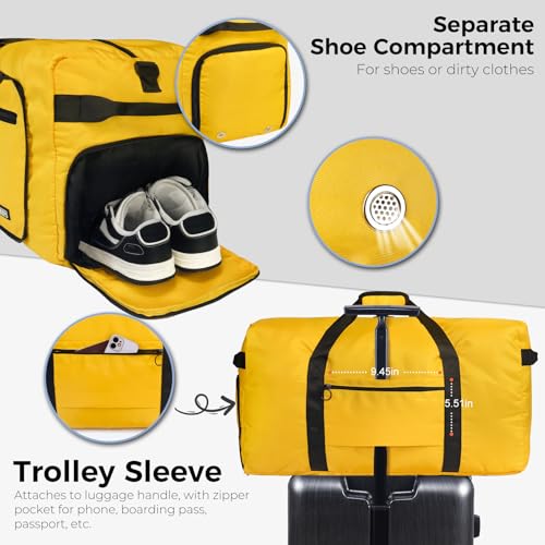 Fmeida 65L Duffle Bag with Shoes Compartment, Foldable Travel Duffel Bags for Men Women, Large Packable Travel Bag Water Repellent & Tear Resistant (Yellow) - color: Glossy Yellow