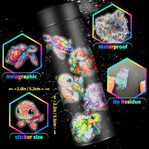 Yoksas Cute Holographic Sea Turtle Stickers - 50Pcs Waterproof Clear Kawaii Shiny Ocean Life Stickers for Scrapbook,Water Bottles,Laptops,Birthday Party Supplies - color: Sea Turtle