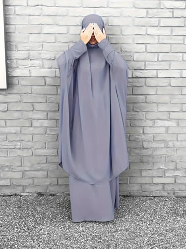 Womens Muslim Abaya Solid Prayer Dress Islamic Maxi Kaftan with Hijab Dubai Full Length 2 Piece Dress - color: 1blue