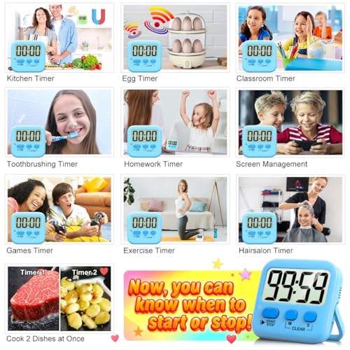 2 Pack Digital Timer for Kids Classroom Kitchen Timers for Cooking | w/ Battery, Easy to View, Alarm, Mute Mode, Count Down/Up, Magnetic, Kickstand, Hanging, Classroom Timer for Teacher Supplies - color: Clear Blue