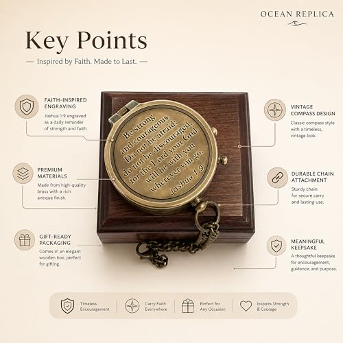 Be Strong and Courageous Compass – Antique Nautical Magnetic Compass with Engraved Scripture Quote – Baptism Gift with Wooden Box for Son, Father, Husband, Loved One