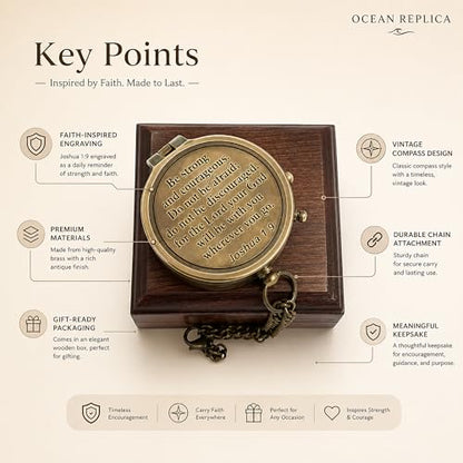 Be Strong and Courageous Compass – Antique Nautical Magnetic Compass with Engraved Scripture Quote – Baptism Gift with Wooden Box for Son, Father, Husband, Loved One