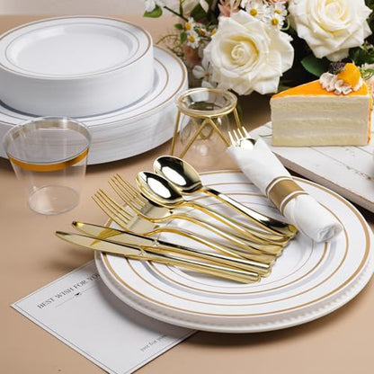 350 PCS White and Gold Plastic Dinnerware Set for 50 Guests - color: Gold, size: 350 PCS