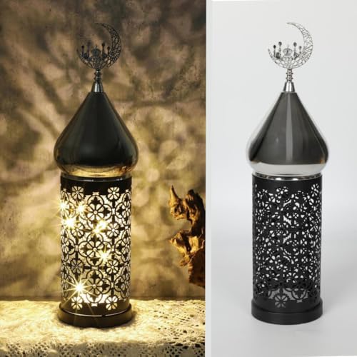Moroccan Style LED Candle Lantern , 14 Inch Lantern Indoor for Ramadan Decorative Metal Lamp （Black）