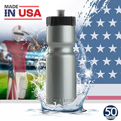 50 Strong Sports Water Bottles – Reusable 22 oz BPA-Free Plastic Bottles with Pull Top Cap – Made in USA – Top Rack Dishwasher Safe – Fits Most Bike Cages Brand - color: Silver, style: 6 Pack