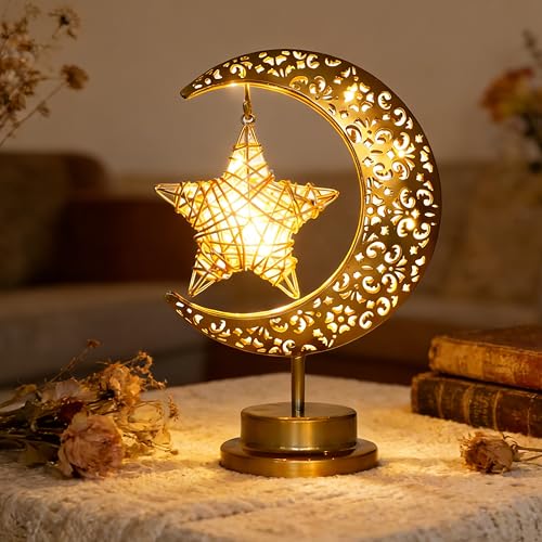 Ramadan Moon Lamp, Battery Powered Vintage Ramadan Decorations Moon Lamp, Eid Crafts Night Light for Home, Bedroom, Living Room,Ramadan Table Decor, Eid Decorations
