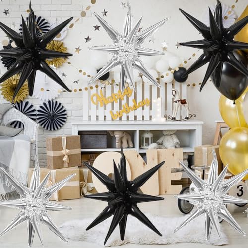 6 Pcs Silver Star Foil Balloons One-Piece 14-Pointed Star Balloon 4D Starburst Cone Mylar Balloon 22inch Christmas Birthday Wedding Wedding Anniversary Party Supplies (Black + Silver) - color: Black + Silver