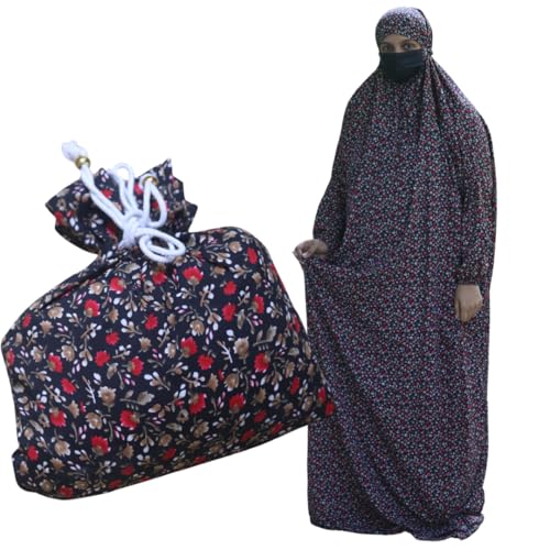 MERCATUS One-Piece Islamic Prayer Dress with Attached Hijab & Pouch - Lightweight Crepe Jilbab - Free Size, WHITE - color: Black With Red Florals