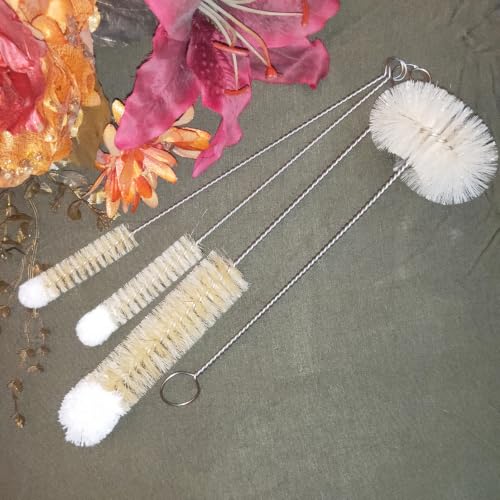 Bottle Brushes Thin Long Handle X 4, Natural Boar Bristle Set | Slim Stainless Steel Bendable Flexible Wire Cleaner, 3 Pcs with Wool Tip for Narrow Neck Bottles & Round for Wide Mouth Jars