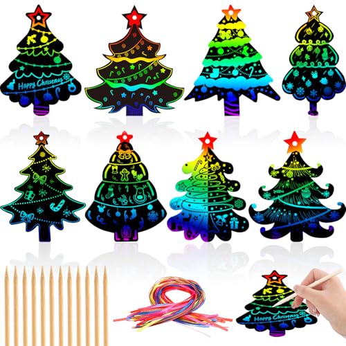 JULMELON 36Pcs Christmas Scratch Art for Kids, Rainbow Hanging Ornaments - style: Christmas Crafts A