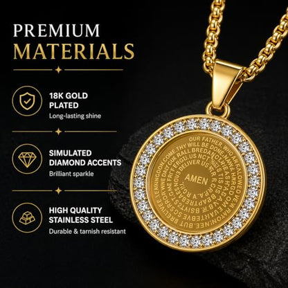 Steeltime Stainless Steel Lords Prayer Necklace with Simulated Diamonds - color: Gold, style: Reversible Round Pendant