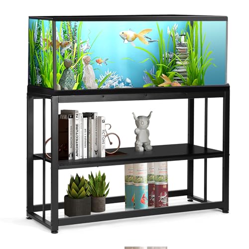VOWNER 55-75 Gallon Fish Tank Stand, Metal Aquarium Stand, Black | 48.4" x 14.9" x 29.5" Heavy Duty Reptile Tank Stand, Adjustable 2-Tier Fish Tank Rack Shelf for Home Office, Stand Only - color: Black