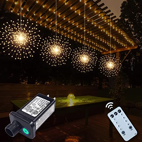 SHUKAN 4 Pcs 800 LED Plug in Starburst Sphere Lights, Firework Light Timer - color: Warm White, size: 4*16.5 inch