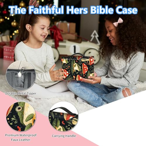 Bible Cover Case for Women, PU Leather Large Bible Cases with Zipper Fits Books Up to 12" x 9" x 2.76”, Bible Carrying Bag for Men, Frogs Mushroom - color: Frogs Mushroom