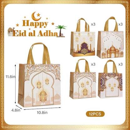 12pcs Large Eid Mubarak Gift Bags，Reusable Ramadan Bag with Handles ramadan Goodie bags Non Woven Eid Bag for Ramadan Kareem Eid Mubarak Party Supplies
