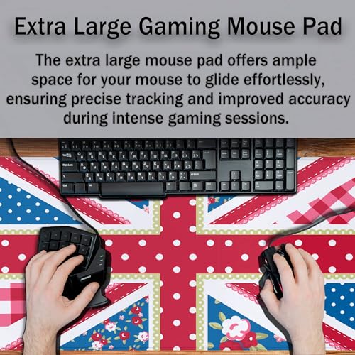Union Jack Gaming XXL Mouse Pads British Flag Mouse Pad Shabby Chic Floral Style Mousepads Non-Slip Rubber Base Waterproof with Stitched Edges, 35.4" X 15.7" for Work/Game/Office/Home - color: British Flag