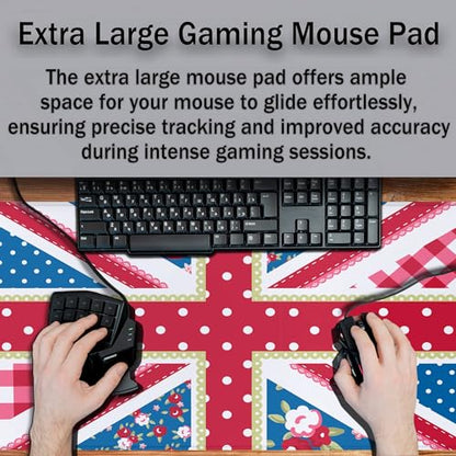 Union Jack Gaming XXL Mouse Pads British Flag Mouse Pad Shabby Chic Floral Style Mousepads Non-Slip Rubber Base Waterproof with Stitched Edges, 35.4" X 15.7" for Work/Game/Office/Home - color: British Flag