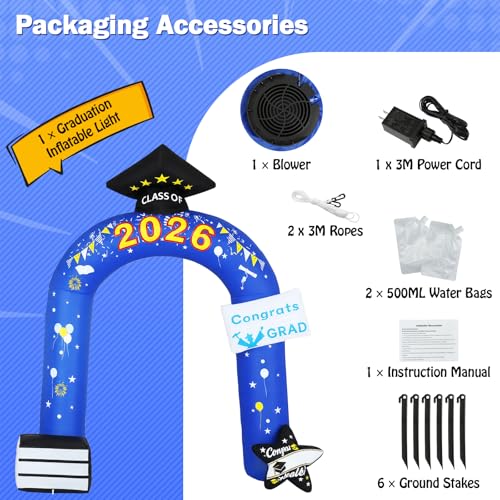 Lewondr 10FT Graduation Inflatable Outdoor Decorations, Inflatable Arch Class of 2026, Blow up Yard Decoration with 9 LED Lights for Graduation Party, 2026 Grad Decor for College High School - style: Arch