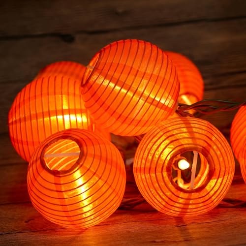 HOSY 10-Pack Orange 3-in Lanterns, 11 ft White Wire Plug-in UL String Light | Self-assembly Required, Nylon Fabric, 3-in Diameter, 12-in Spacing, End-to-end Connectable, UL Certified - color: Orange