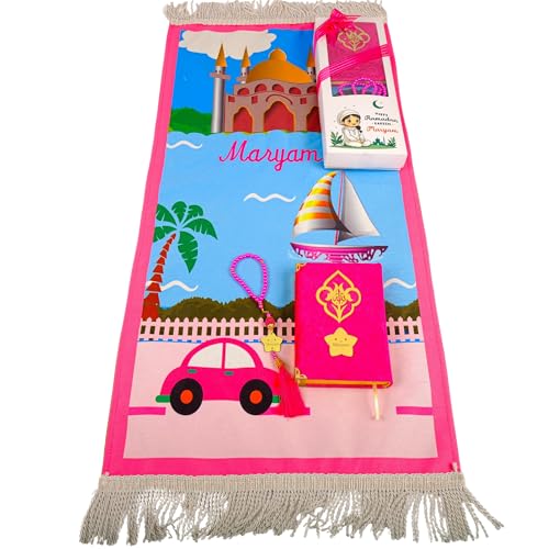 IEF Personalized Prayer Rug Prayer Beads Quran Islamic Gift Set, Ramadan Eid Hajj Umrah Birthday Anniversary Graduation Gift for Girls and Boys (Model-8, Girl) - color: Model-8