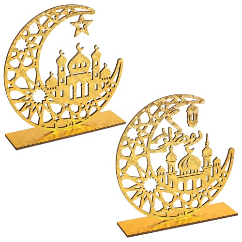 2 Pieces Wood Ramadan Decorations Islamic Eid Mubarak Kareem Table Sign Moon Hollow Star Ornament for Muslim Party Tabletop Decor Home Art Craft Decoration Golden Moon - color: New House