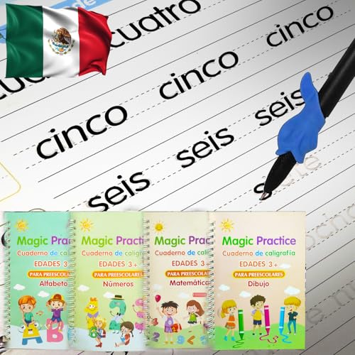 4 Magic Tracing Practice Books – Grooved Handwriting Spanish Copybooks for Kids, Reusable Writing Practice Workbooks Without Tears, Disappearing Ink for Toddlers Preschool Learn (Spanish) - color: Spanish
