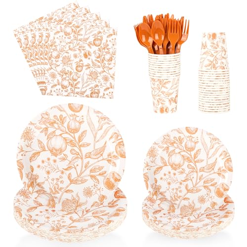 Fall Gold Floral Birds Fruits Disposable Paper Plates and Napkins Set | 175Pcs Vintage Japanese Branches Leaves Tableware for 25 Guests Autumn Thanksgiving Harvest Birthday Party Supplies - color: Fall