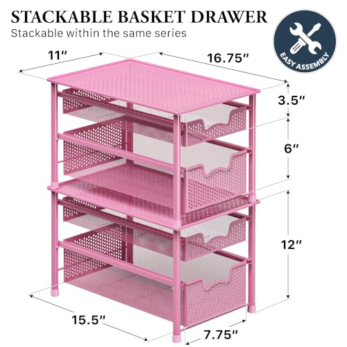 Simple Houseware Stackable 2 Tier Sliding Basket Organizer Drawer, Pink - color: Pink, size: 2-Tier