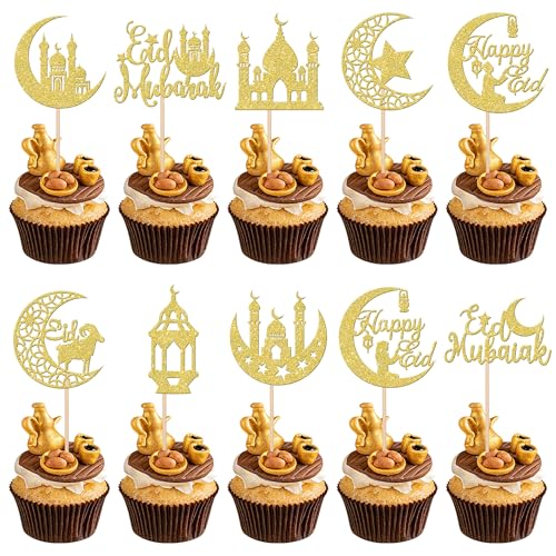 30 PCS Eid Mubarak Cupcake Toppers Glitter Moon Star Ramadan Cupcake Picks Happy Ramadan Cake Decorations for Eid Islamic Muslim Theme Party Cake Decorations Supplies Gold - color: Design 8 Gold