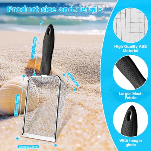 Beach Mesh Shovel for Shell Collecting, Stainless Steel Sand Sifter Scoop for Kids, Sand Scooper Beach Toy for Seashells, Shark Teeth, Sea Glass & Treasure Hunt, Black - color: black