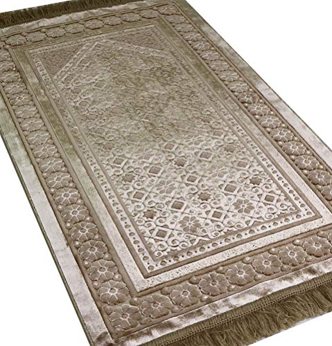 Modefa Velvet Prayer Rug with Prayer Beads Turkish Janamaz Sajadah Floral Stamp Luxury Plush (Mink) - color: Mink