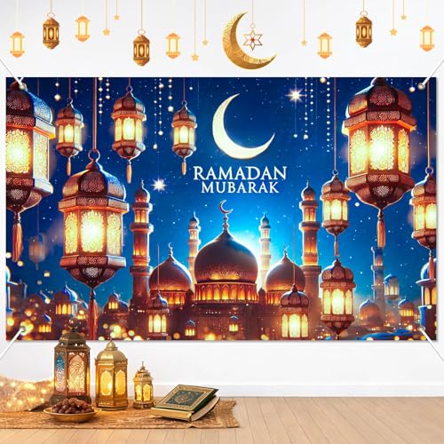 BlissYard Ramadan Mubarak Banner Backdrop 71x43 Inch Islamic Hanging Lantern Mosque Night Photo Background with Crescent Moon for Ramadan Decorations Muslim Home Party Wall Hanging Display - color: Ramadan Decor#007