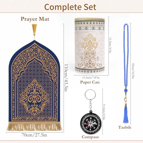 Prayer Mat Ramadan Gifts - Blue Prayer Rug Islamic Praying Tasbih Beads Compass, Muslim Praying Carpet for Men Women Eid Salah Meditation Namaz, Gifts for Eid Ramadan - color: Blue