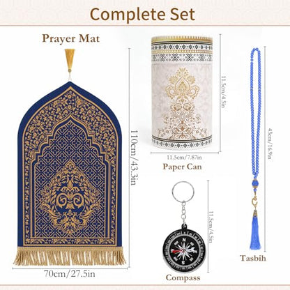 Prayer Mat Ramadan Gifts - Blue Prayer Rug Islamic Praying Tasbih Beads Compass, Muslim Praying Carpet for Men Women Eid Salah Meditation Namaz, Gifts for Eid Ramadan - color: Blue