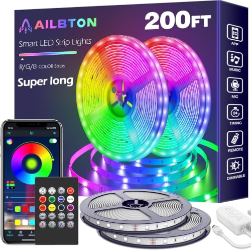 AILBTON 200ft Led Strip Lights(2 Rolls of 100ft led Lights) Ultra Long Led Light Strip with App Voice Control Remote,5050 RGB Music Sync Color Changing Led Lights for Bedroom,Party,Home Decoration - size: 200FT