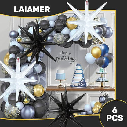 6 Pcs White Black Star Foil Balloons One-Piece 14-Pointed Star Balloon 4D Starburst Cone Mylar Balloon 22inch Christmas Birthday Wedding Wedding Anniversary Party Supplies (White + Black) - color: 22 Inches White + Black