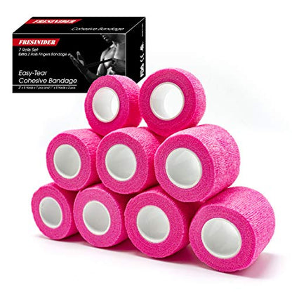 FRESINIDER 9 Rolls Self Adhesive Wrap Athletic Tape Gauze, Breathable Elastic Cohesive Bandage for Sports Injury & Pet (7 Pcs 2" x 5 Yards + 2 Pcs 1" X 5 Yards) (Pink) - color: Pink
