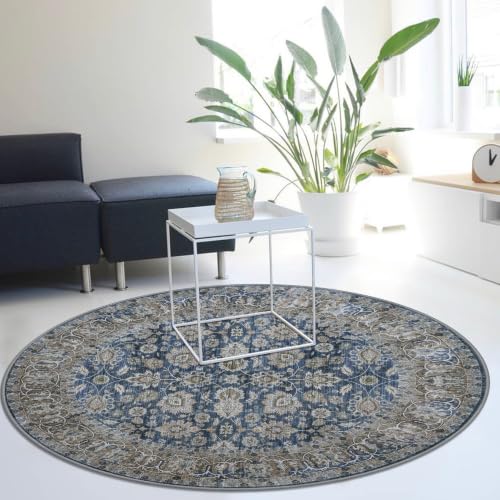 KOZYFLY Vintage Round Washable Rug 5Ft Washable Blue Floral - color: Blue, size: 5' (Round)