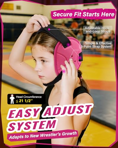 Trymaker Wrestling Headgear, Head Gear for Youth with Chin Cup & Pad | Head Under 21", Ages 4–9, Sorf Triple-Layer Ear Guard, 3-Point Adjustment System, MMA, Jiu-Jitsu, BJJ - color: Pink Headgear & Black Strap