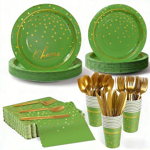 168Pcs Green and Gold Paper Plates and Napkins Party Supplies for 24 Guest - color: Green
