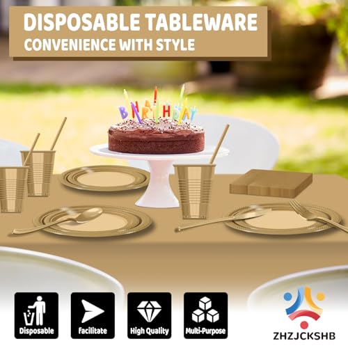 484 Pcs Plastic Dinnerware Set Includes 60 Of Each 9" Dinner Plates |7" Dessert Plates|12 oz Plastic Cups | Napkins|Straws|Spoons, Forks & Knives (Gold, 60 Guests)