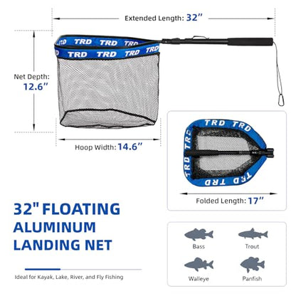 AluFloat X1 Fishing Net with Handle (Fish Net) - Floating Foldable Rubber-Coated Deep Mesh Landing Net for Bass & Fly Fishing - Fishing Gear, Kayak Accessories, Fishing Accessories - color: BLUE