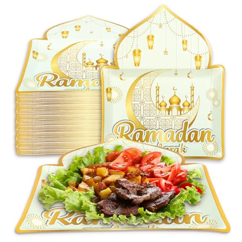 Whaline 40 Pcs Eid Mubarak Paper Plates Disposable Plates Decorative Gold Ramadan Tableware Dessert Plate for Islamic Muslim Party Tableware Supplies